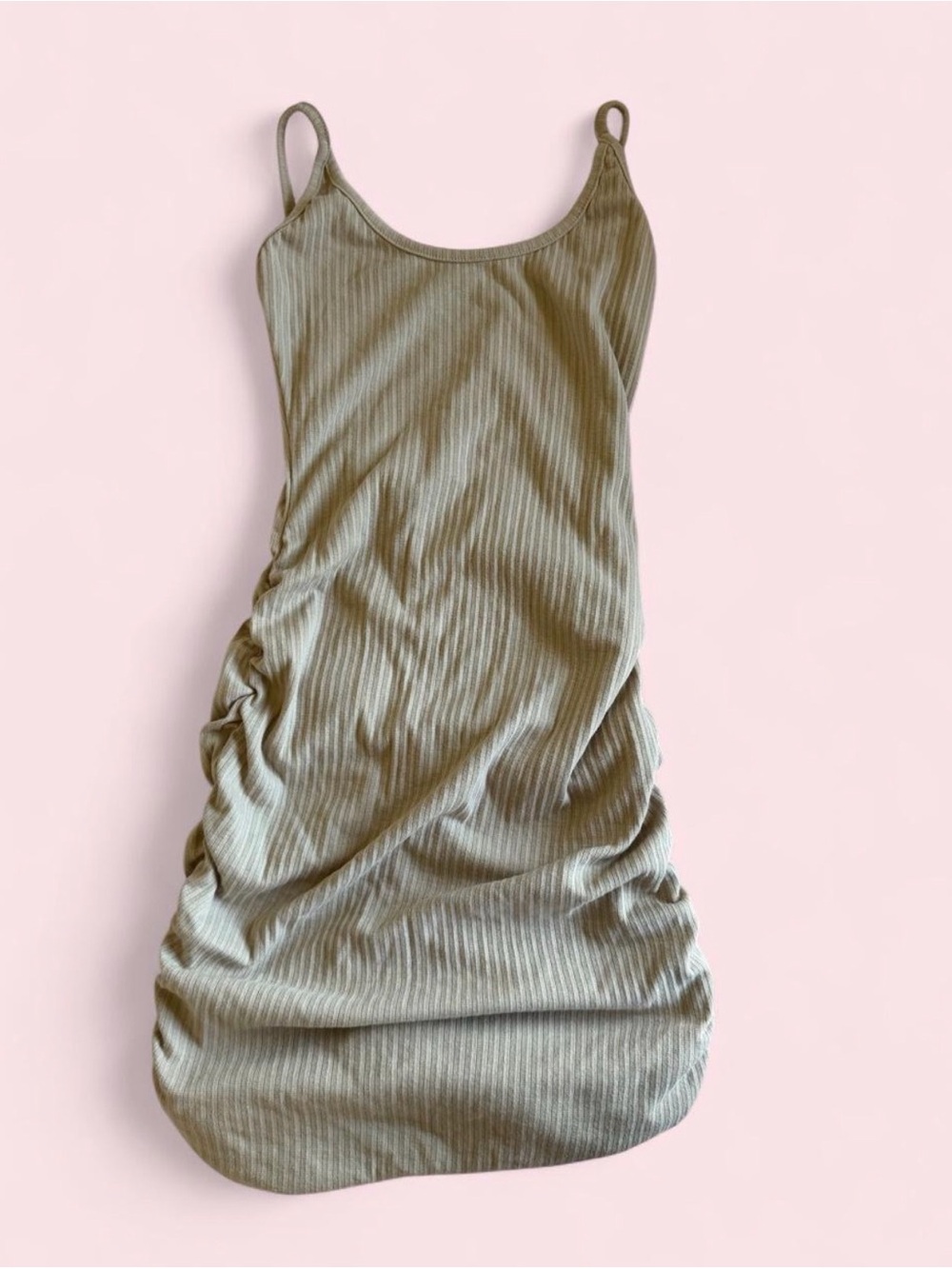 PrettyLittleThing Beige Ribbed Side-Ruched Low Back Mini Dress